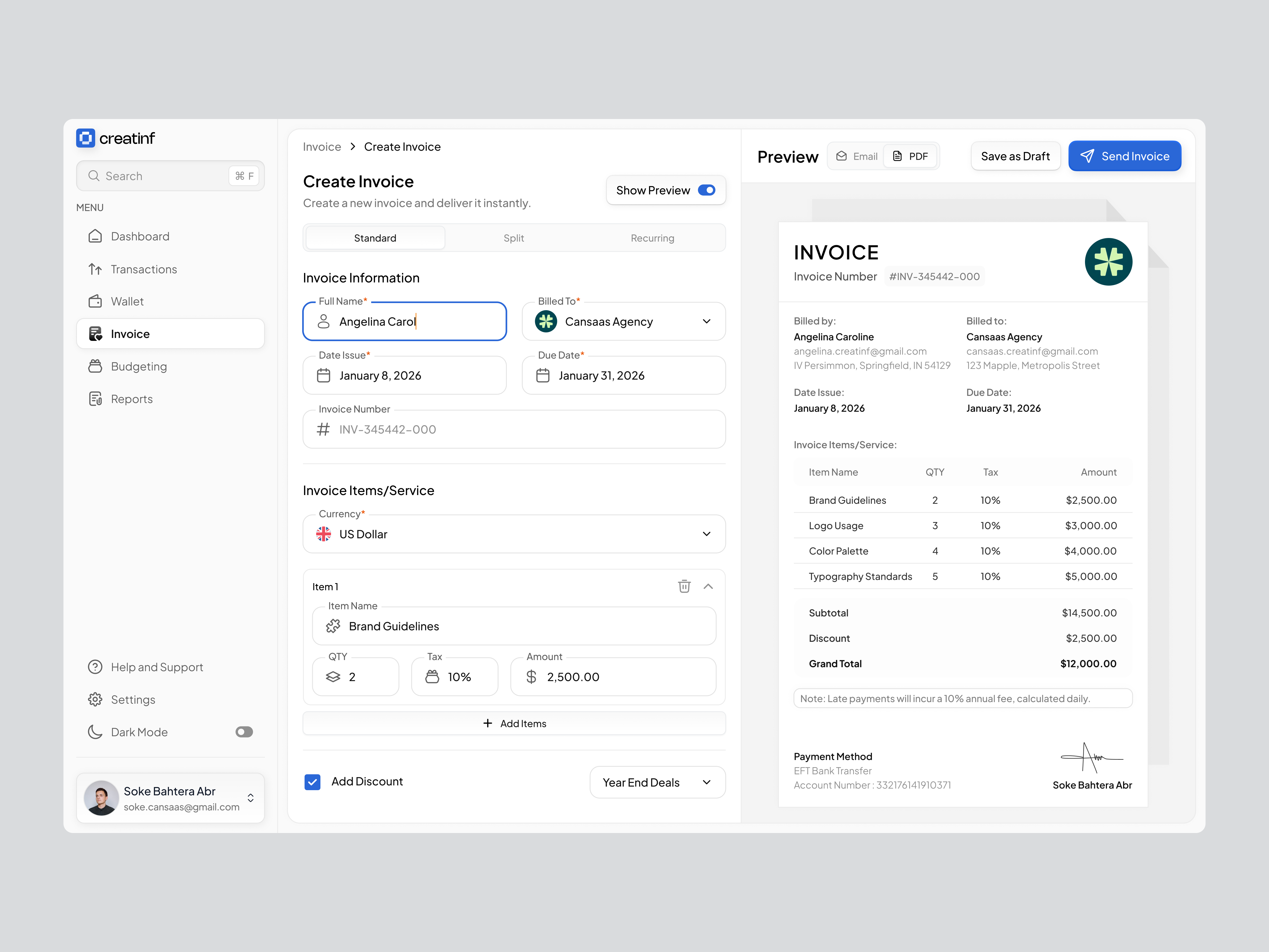 Invoice Maker Dashboard billing dashboard cansaas clean dashboard data input form design finance interface invoice invoice dashboard invoice maker modern design payment management product design saas ui ui design ux ux design