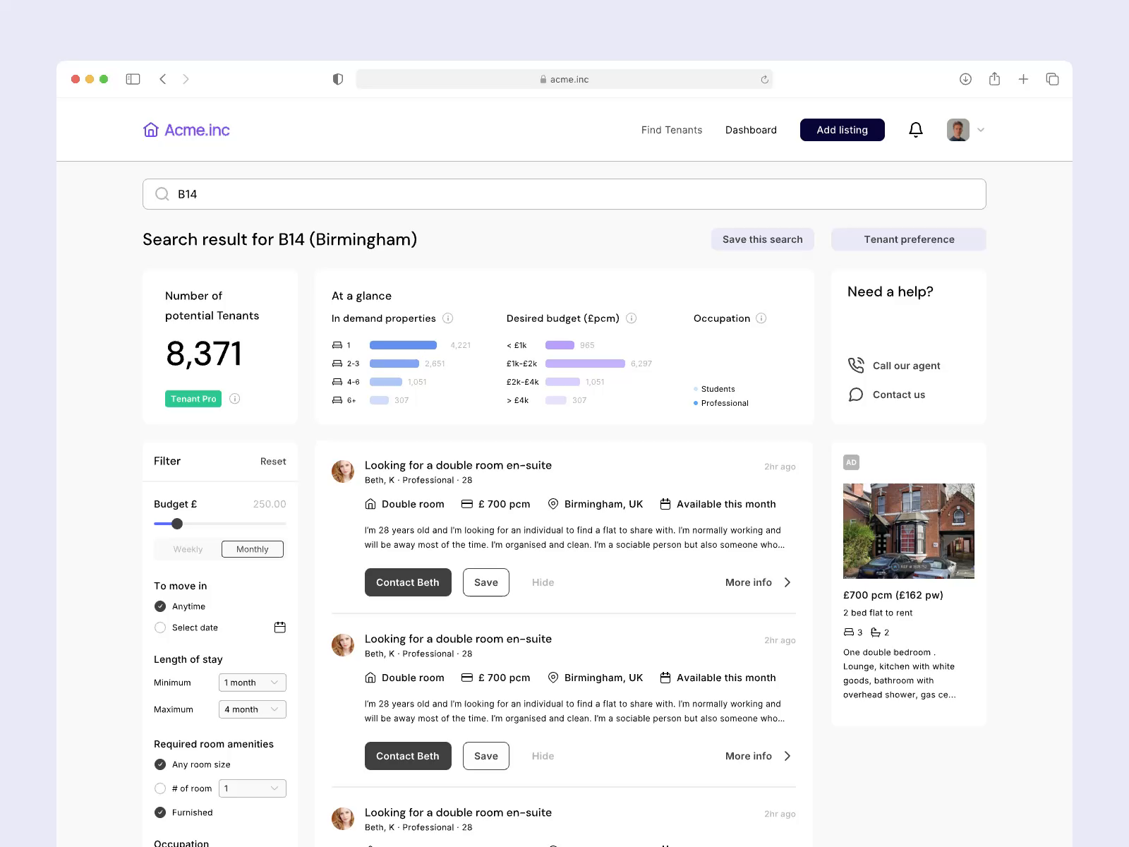 Example of Tenant search