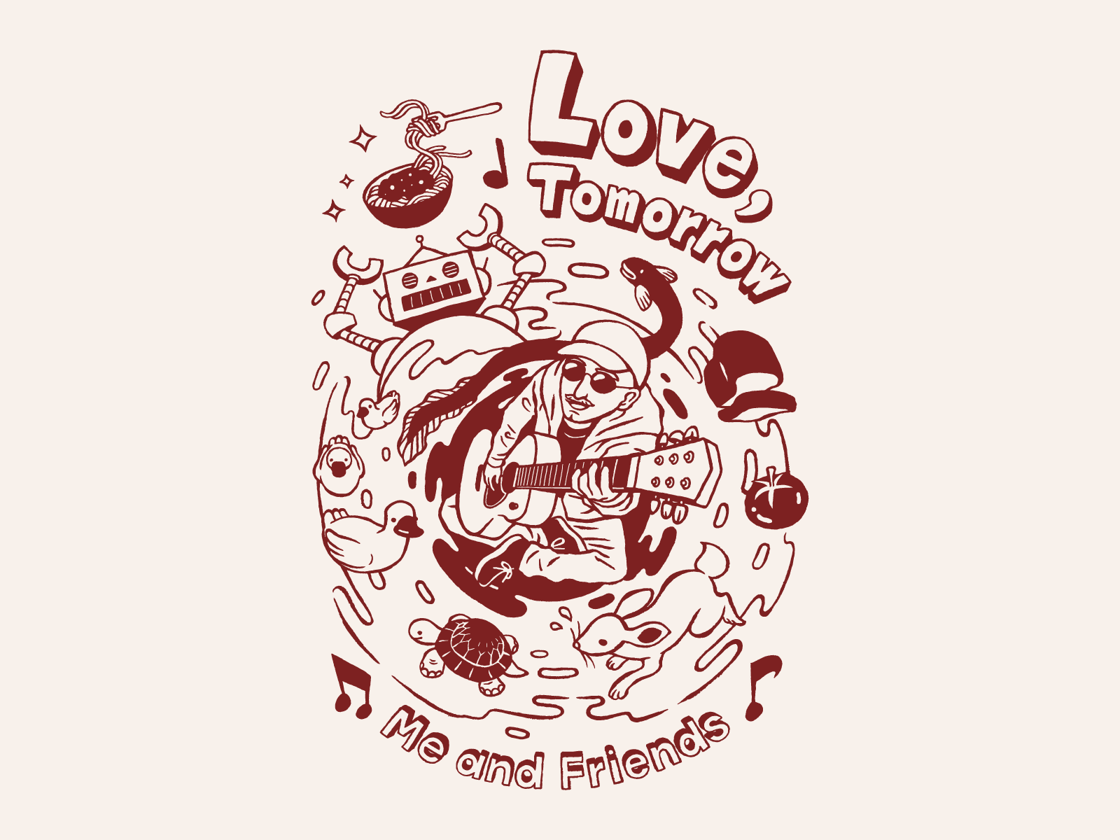 Me and Friends - ‘Love, Tomorrow’ australia band merch bold typography conceptual guitar hand drawn hand lettering ilustration indie band japanese style lo fi manga style newcastle pen and ink retro screen printing t shirt design