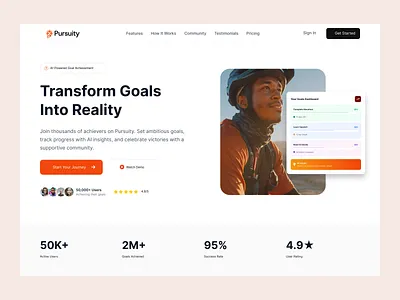 Pursuity: Personal Growth Platform Website Landing Page ai ai landing page design ai website branding career growth platform ecommerce growth platform website design hero header landing page design personal growth product design productivity project management saas landing page ui design uiux user interface uxdesign web website design