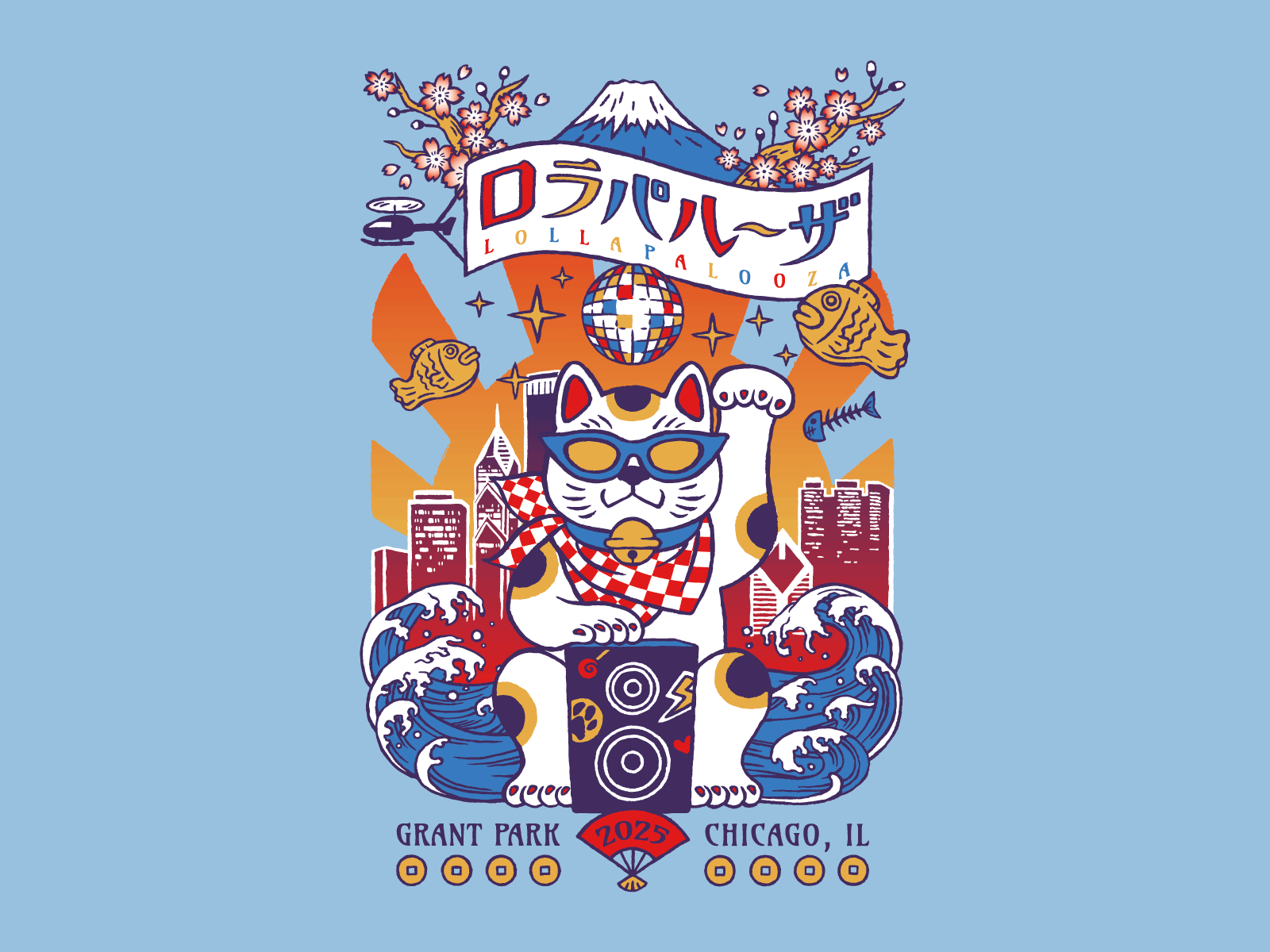 Lollapalooza 2025 cherry blossoms chicago graphic design hand drawn illustration japanese style kawaii lollapalooza lucky cat merch mirrorball mount fuji music festival t shirt design the great wave
