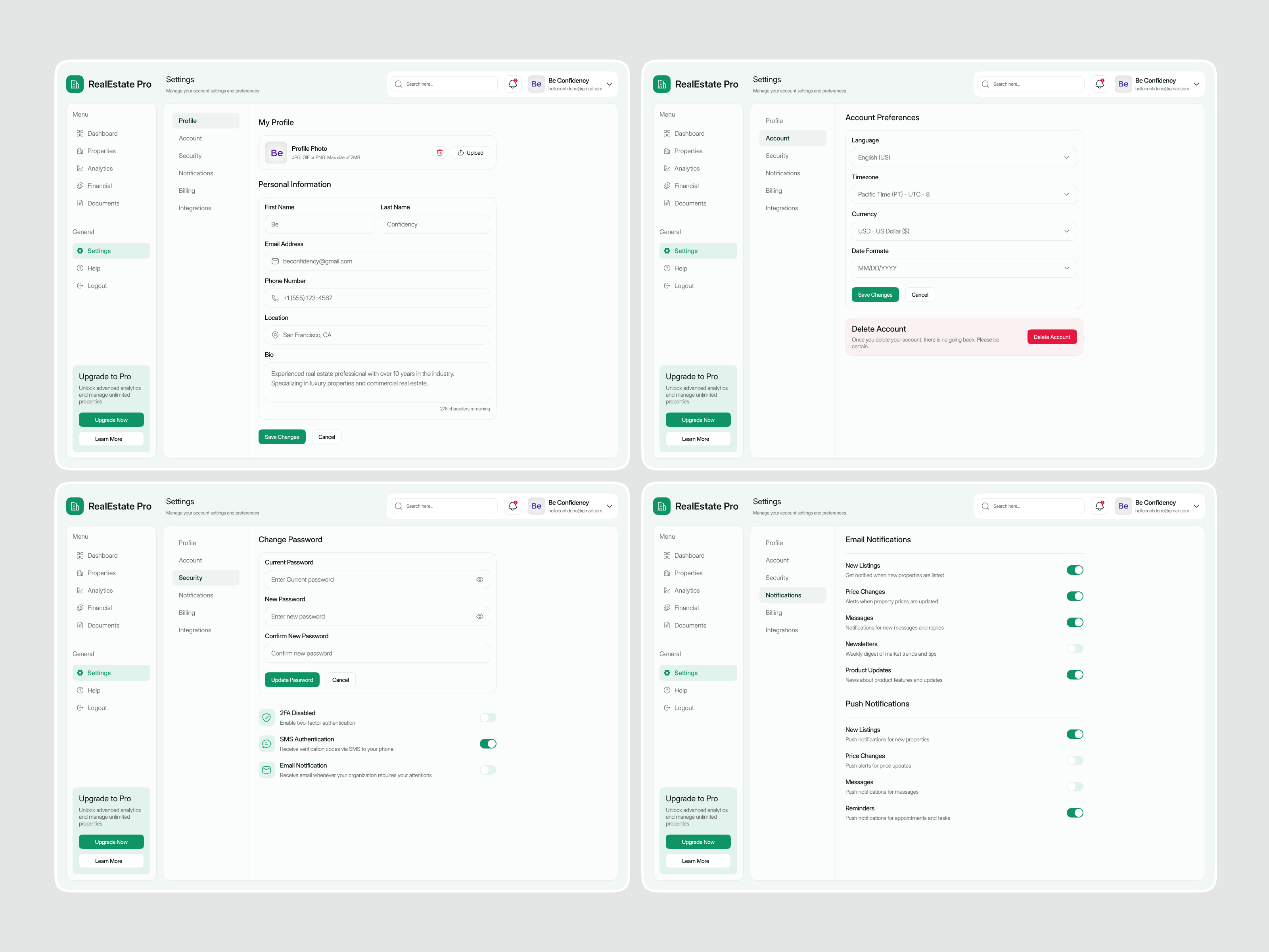 RealEstate Pro – Account Settings & Preferences Dashboard interface product service startup ui ux web
