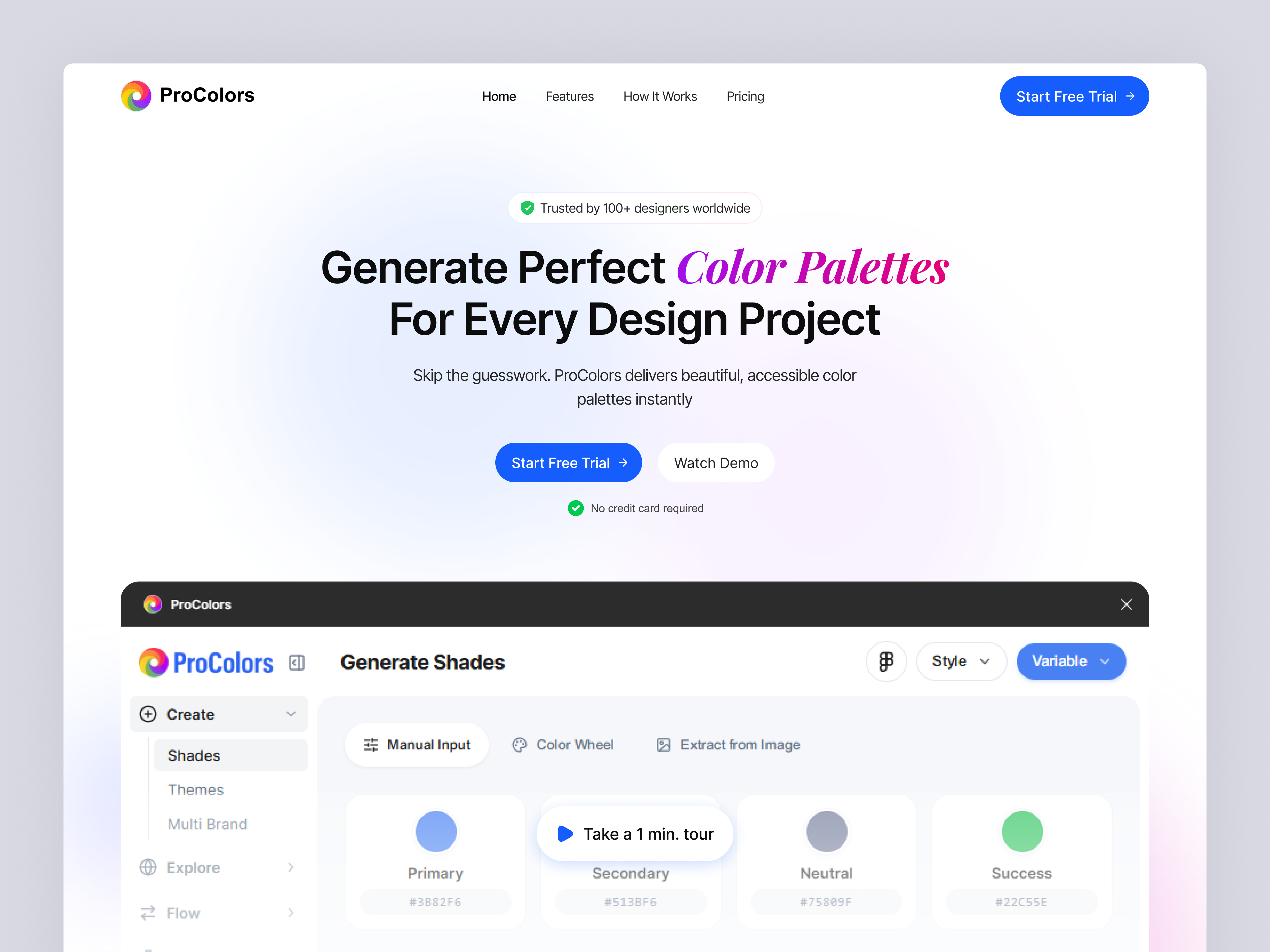 Color Palette Generator Landing Page ♦︎ ProColors accessibility color palette design system design tools figma gradient landing page minimal design product design saas startup ui design web design zendeesp