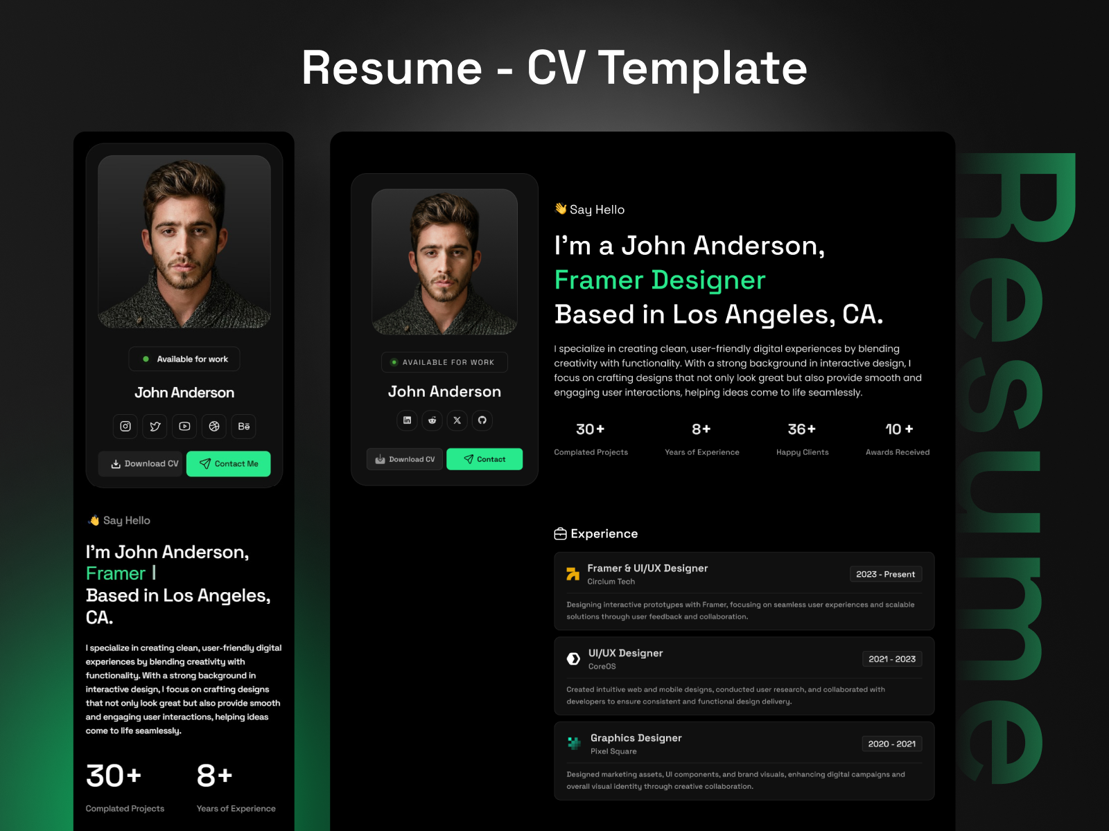 Resume & CV Framer Template cv design dark website framer framer design framer template framer ui minimal minimal website modern design personal website portfolio portfolio website resume resume design template ui ui design ux design web design website