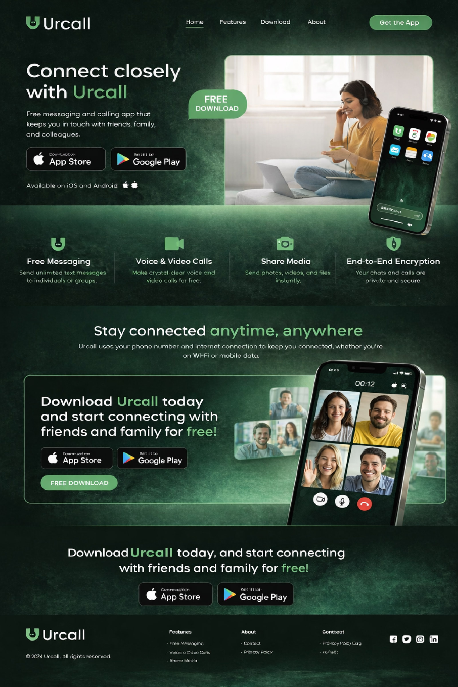 Messaging and calling website landing page design asrafuluix chat app ui design creative landing page landing page design messaging app ui mobile app landing page telecom app design topwork urcall urcall landing page urcall logo video call app design