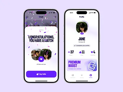 Dating App. Match & Profile UI app design app interface dating app figma gradient ios app match screen mobile app mobile ui onboarding premium product design profile screen social app ui design ux design