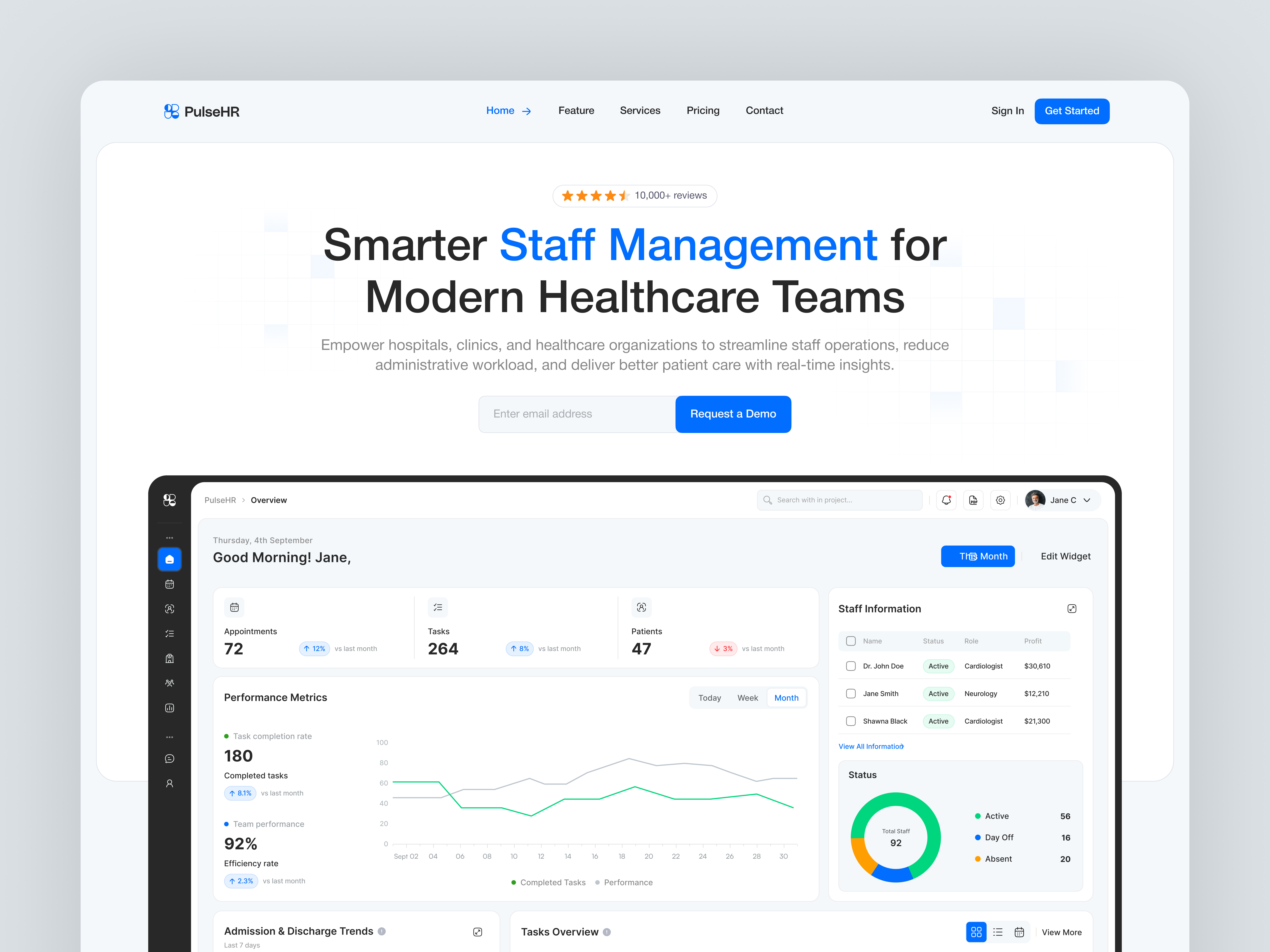 PulseHR – SaaS UI for Healthcare Teams admin dashboard dashboard design enterprise ui figma healthcare healthcare app healthcare tech hospital management hr saas hr tech landing page product design saas saas dashboard staff management ui design web app