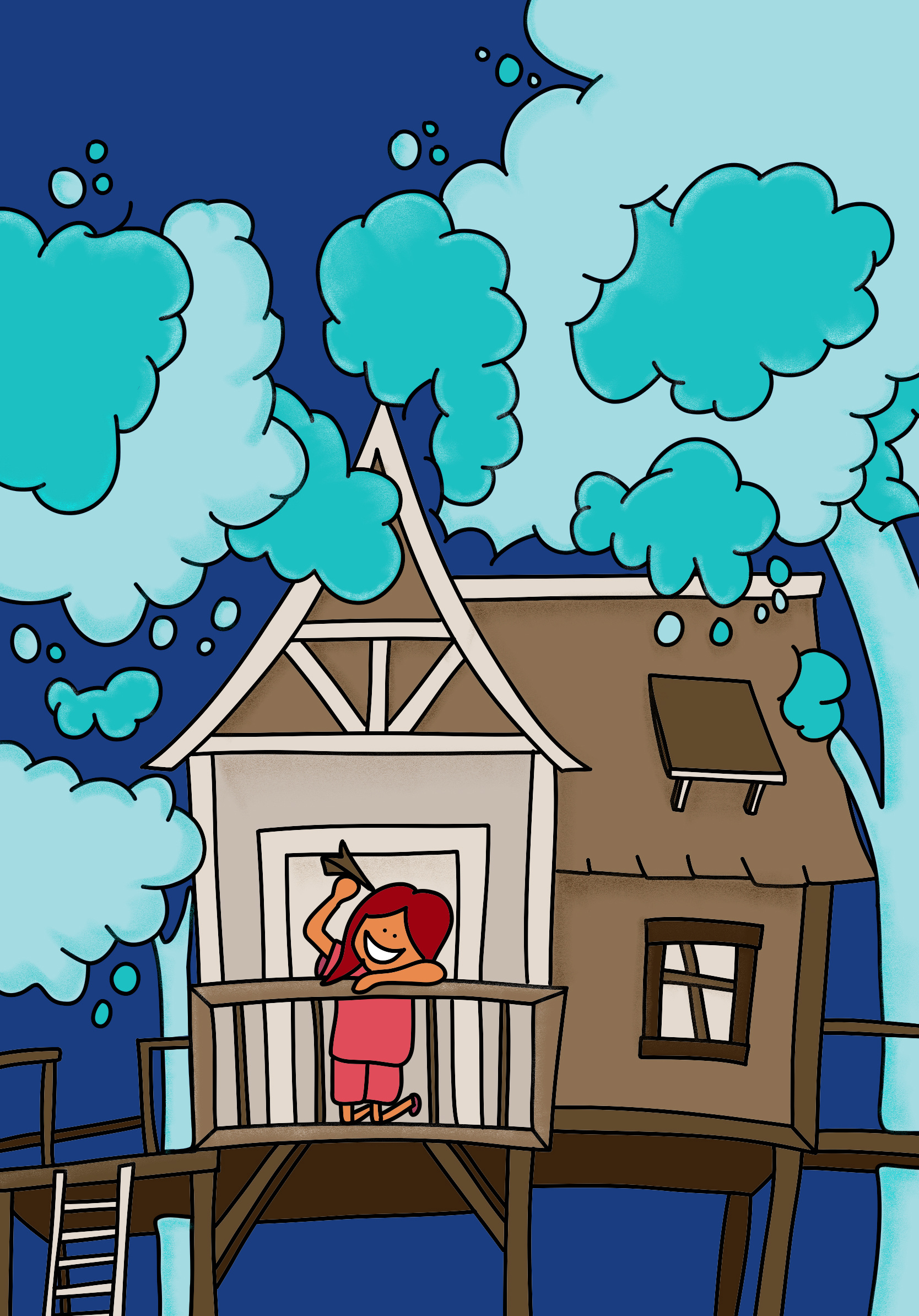 Let's build a treehouse anime style art character design cute drawing graphic design illustration playful solid treehouse vector