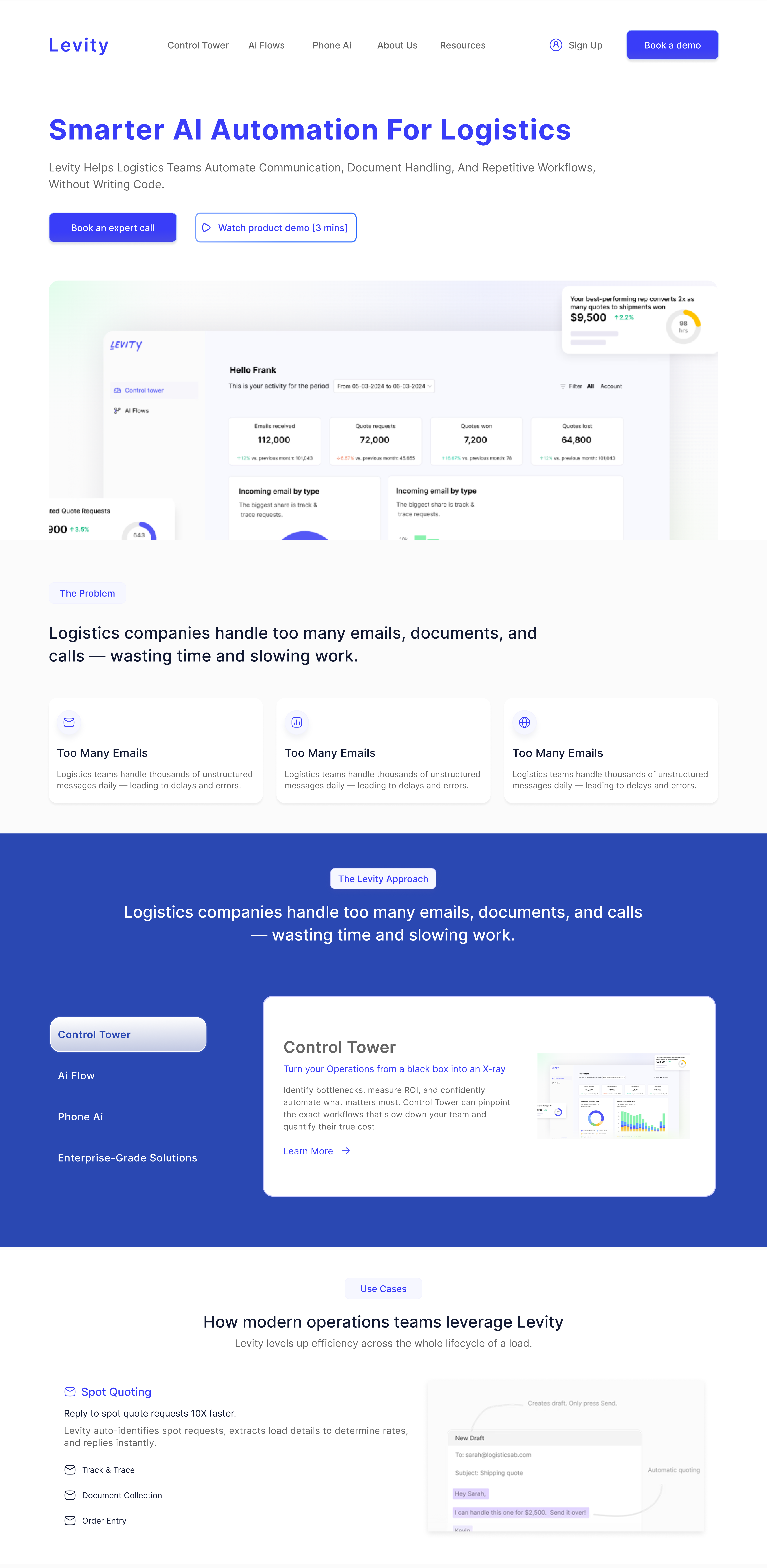 Redesigned landing page for an AI-powered logistics platform. ai automation design email managing website graphic design landing page logistics product design saas ui ui design uiux uiux design ux ux design web web design