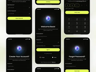 Travel App Authentication UI – Login, Signup & OTP Flow ai ai app app app design authentication ui dark mode design fintech ui ios login login screen mobile mobile app onboarding ui otp verification password reset signup signup flow travel app ui