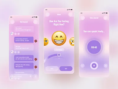 Mindfulness & Mood Journal App UI clean ui emotion mobile app ios app mental health mindfulness mobile app mood journal mood page text journal page ui design uiux ux design voice journal voice journal page wellness app