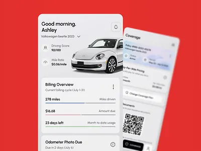 Usage-Based Car Insurance App app design automotive billing app car insurance clean ui data visualization finance dashboard financial app fintech insurance app insurtech ios app mobile app mobile design modern app telematics tracking app ui design usage based user interface