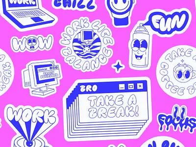 WORK LIFE BALANCE STICKERS SET PATTERN Y2K GROOVY DESIGN 90s abstract art balance comic computer cool design focus fun funny groovy life pattern smile sticker take break work wow y2k