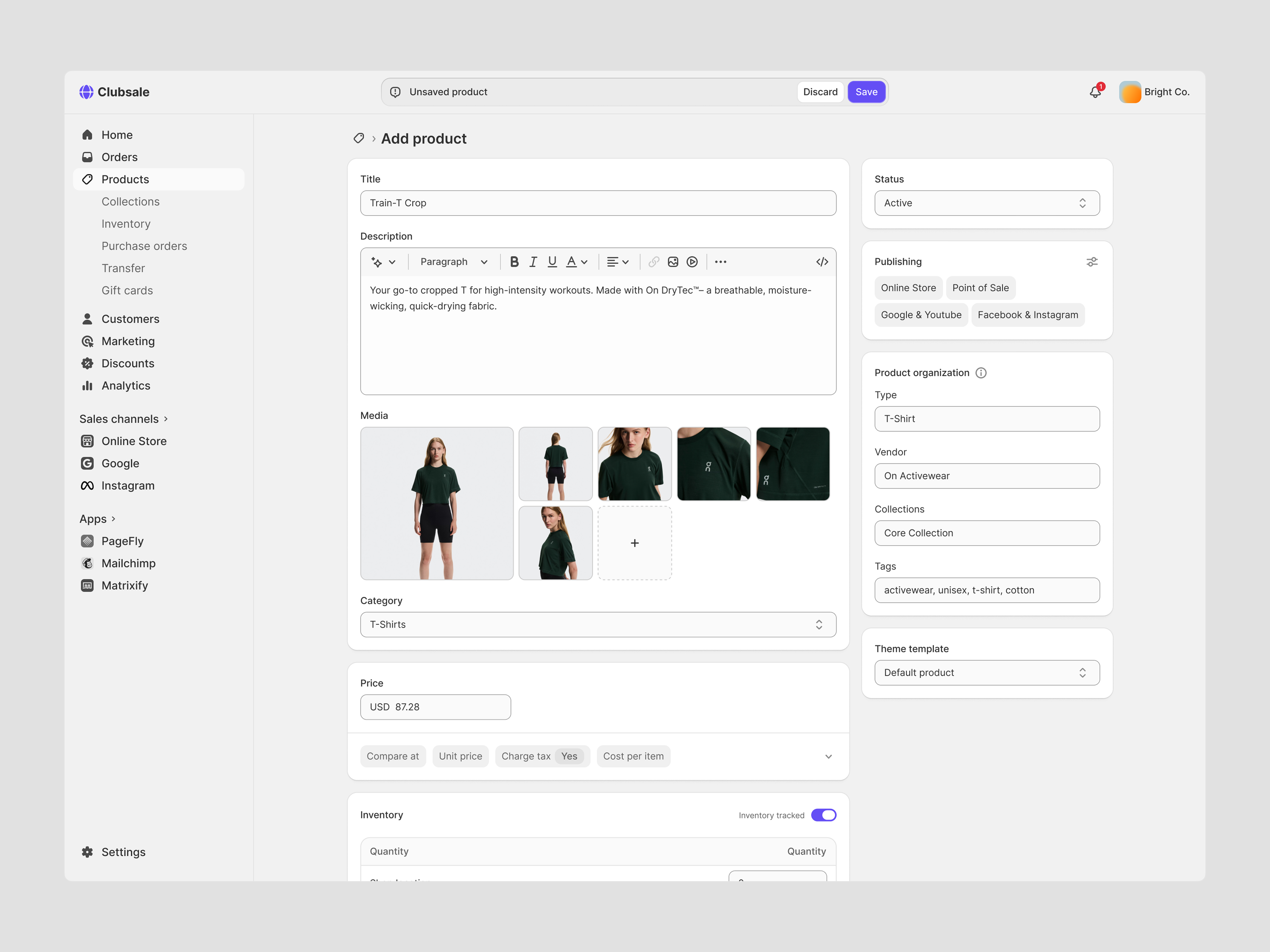 Clubsale - Product Management Dashboard accordion badge button card dashboard fileupload marketplace popover product searchbar select shop sidebar