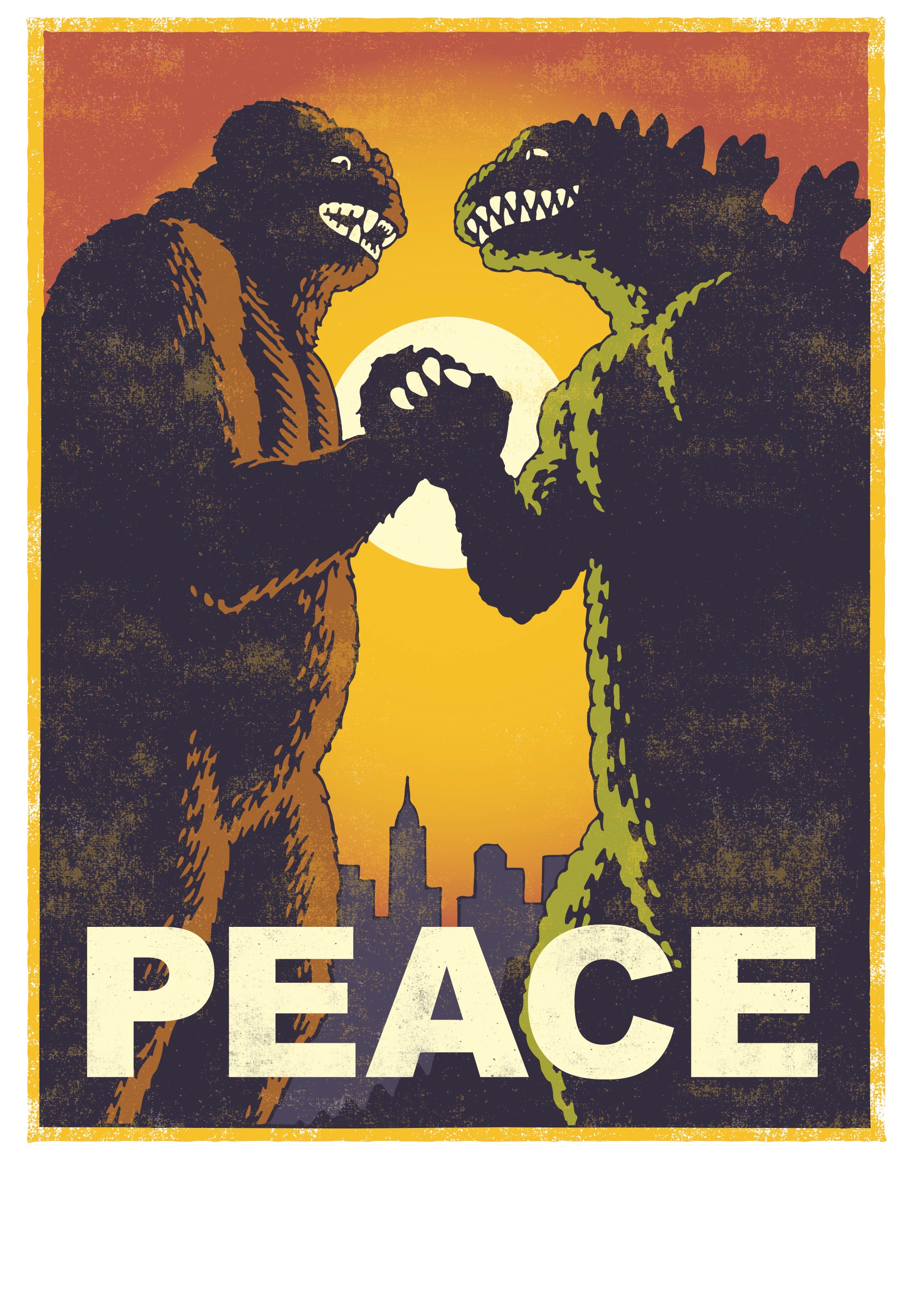 Kong and Godzilla Make Friends ad advertisement bold classic conceptual graphic graphic design illustration pen and ink poster vintage woodcut