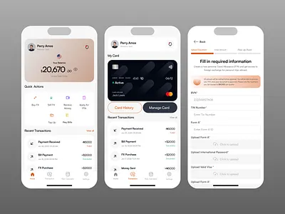 Finance App - Complete User Flow (Home, Card, Upload) card management document upload finance app fintech for hire form design freelance designer ios app mobile banking mobile ui multi step flow ui design user experience ux design