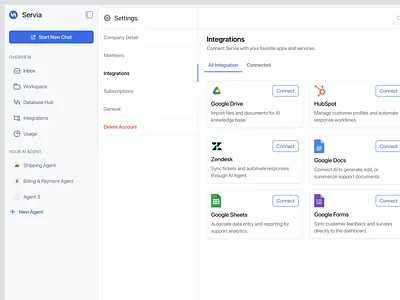 AI Support Platform: Integrations & Workflow Automation SaaS app design b2b b2bsaas codebase dashboard database enterprise integration integration library jsfv plugin product app product design saas saas product saas web app settings uiux web app web app design