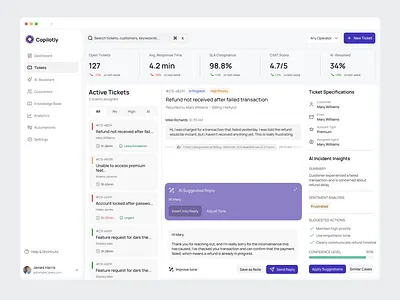 Copilotly - Intelligent Customer Support App ai assistant ai insights ai tool b2b saas cleanui customer support app dashboard incident management product design saas web app zendesk zoho