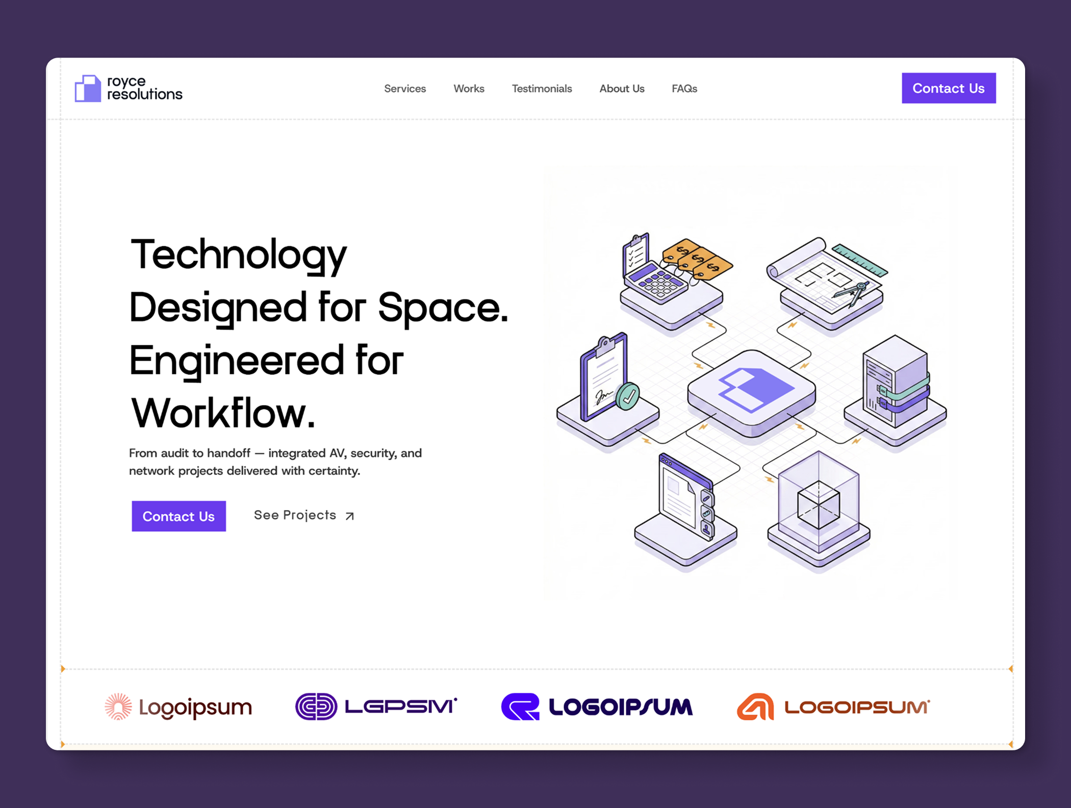 Rejected Hero Section for Royce Resolutions b2b saas clean ui design system figma design framer website hero section isometric illustration landing page modern website motion design product design rive animation saas website startup branding system design tech startup ui design ux design web design workflow illustration