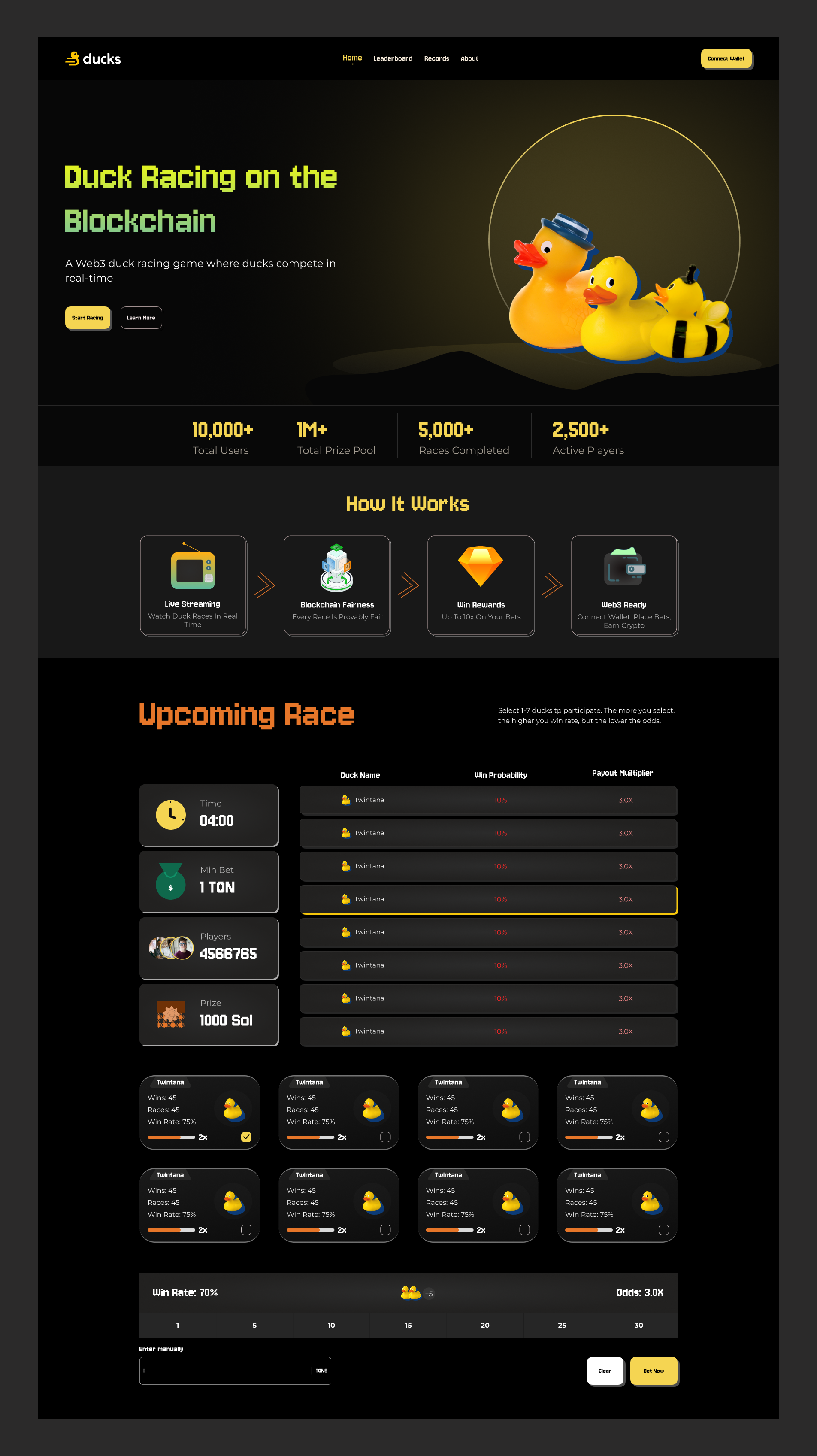 Duck Gaming Webapp blockchain chat darkmode dashboard design fintech gaming gamingapp productdesign race ui uidesign ux web3 website
