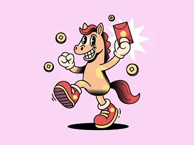 Retro Cartoon Horse Character Celebrating Lunar New Year 2026 1930s 2d art animation brand identity cartoon character design chinese new year halftone hongbao horse illustration lunar new year mascot mascot design prosperity red envelope retro rubber hose vector vintage