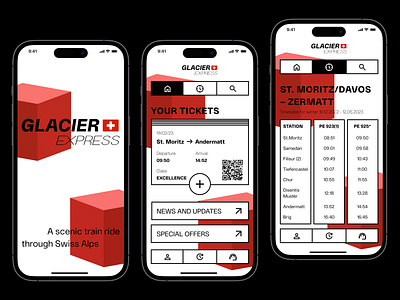 Glacier Express App 3d app design application booking brutalism ios journey mobile red service design switzerland tickets tourism train app traveling ui ux vacation