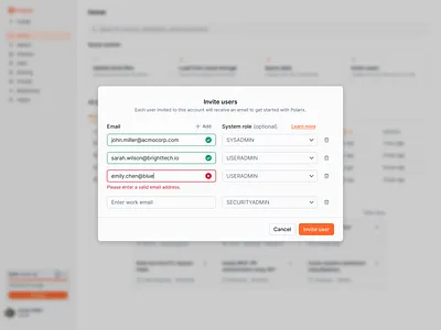 Polarix - User Invitation Flow access dashboard invitation invite management modal permission role saas setup team ui user