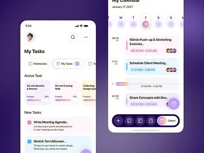 Refleq — Tasks, Calendar & inner Screens Mobile App UI UX Design app ui app ux calendar app clean ui daily planner app dashboard ui minimal ui mobile app design mobile ui ux modern app note taking app panze panzestudio productivity app productivity ui task management app task manager ui to do app ui ux design workflow app