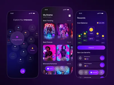 Movie & Drama Streaming App UI – Mobile OTT Design app design darkui dramaapp entertainmentapp mobile app mobileui movieapp reward screen streamingapp ui uidesign ux videostreaming