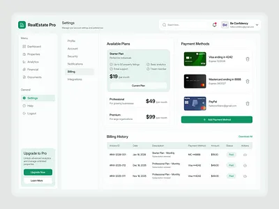 RealEstate Pro – Billing & Subscription Management Dashboard interface product service startup ui ux web