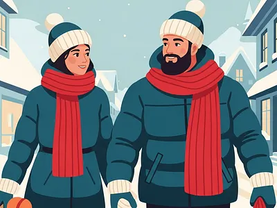 Cozy Winter Holiday Couple Illustration Set christmas couple holiday illustration outdoor snow travel vector winter