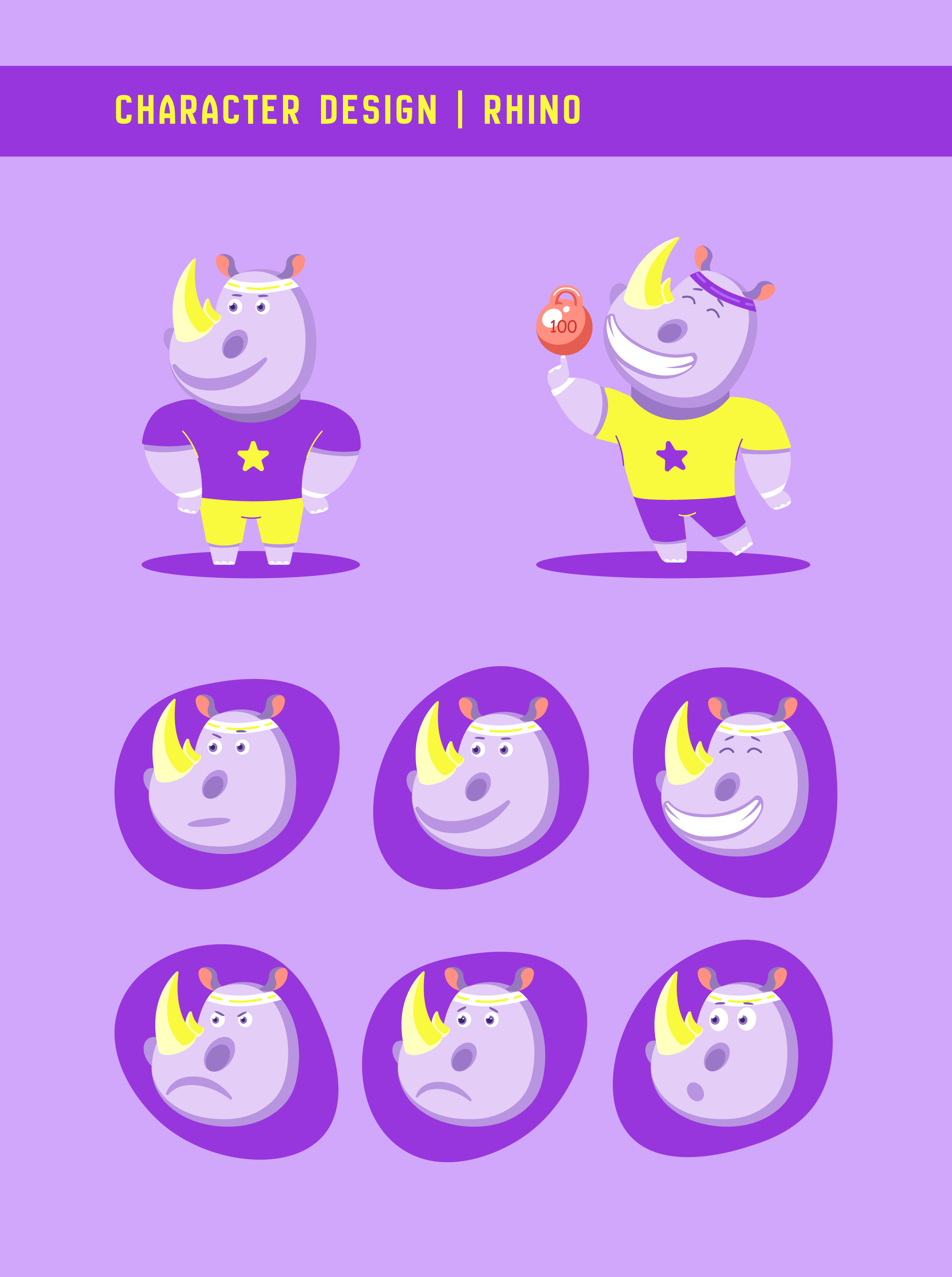 Rhino anthropomorphic character color cute design emotions flat design heavy rhinoceros sport star strong violet weight