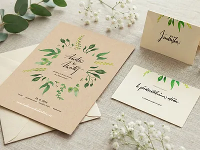 Wedding Invitation Set branding calligraphy cardboards floral illustration leafs watercolor wedding