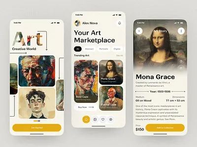 Art Marketplace App – Gallery, Artwork Details & Purchase UI app app design art app art gallery art marketplace artwork details buy collect flow creative app digital art gallery gallery app ios marketplace ui mobile mobile app nft marketplaces purchase flow ui design visual design