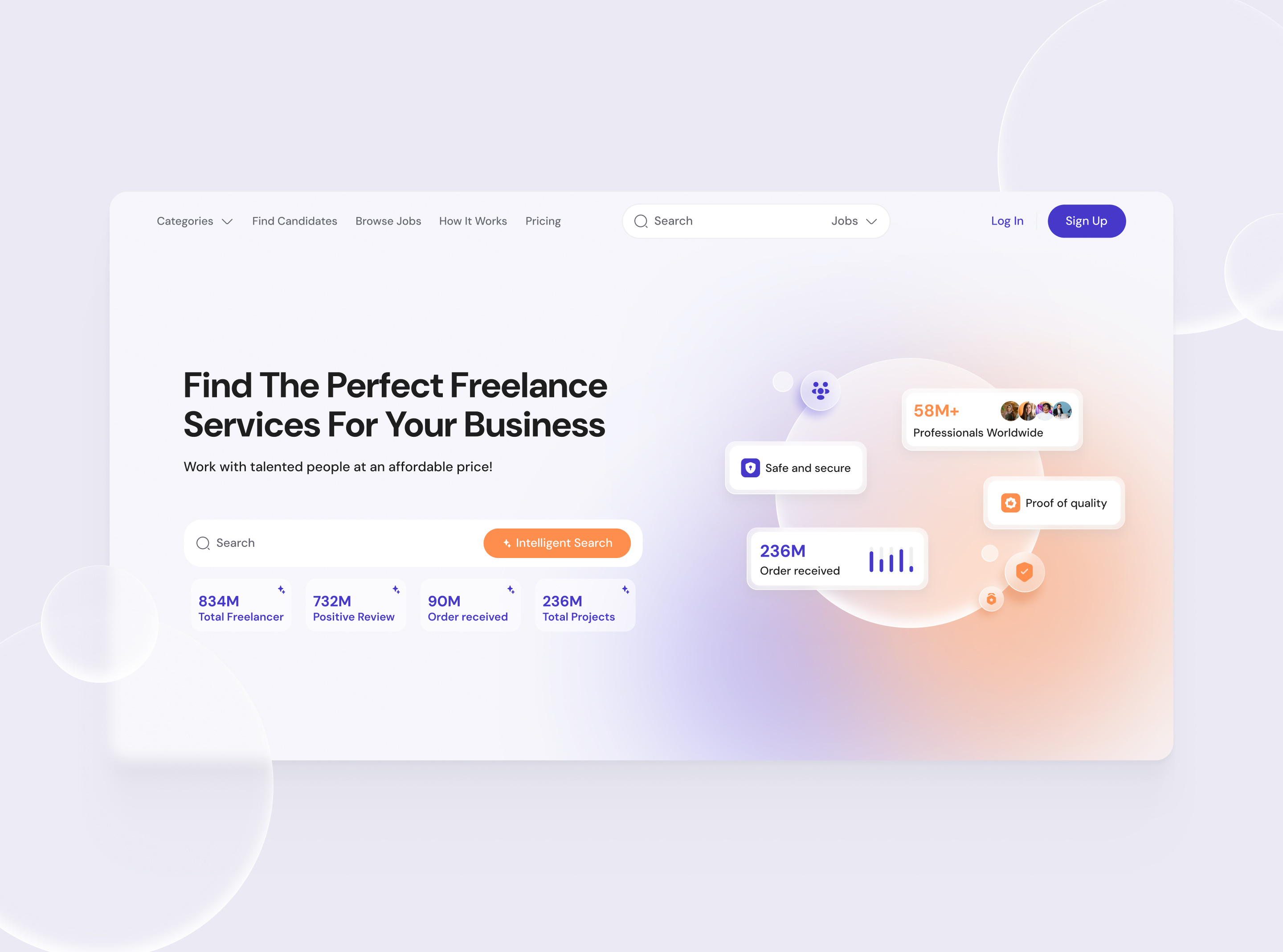Landing Page for Freelance Services Platform ai ai powered analytics branding customers dashboard footer freelance freelance platform glass effect header hero section landing page landing sections saas platform subscription plan ui ux web