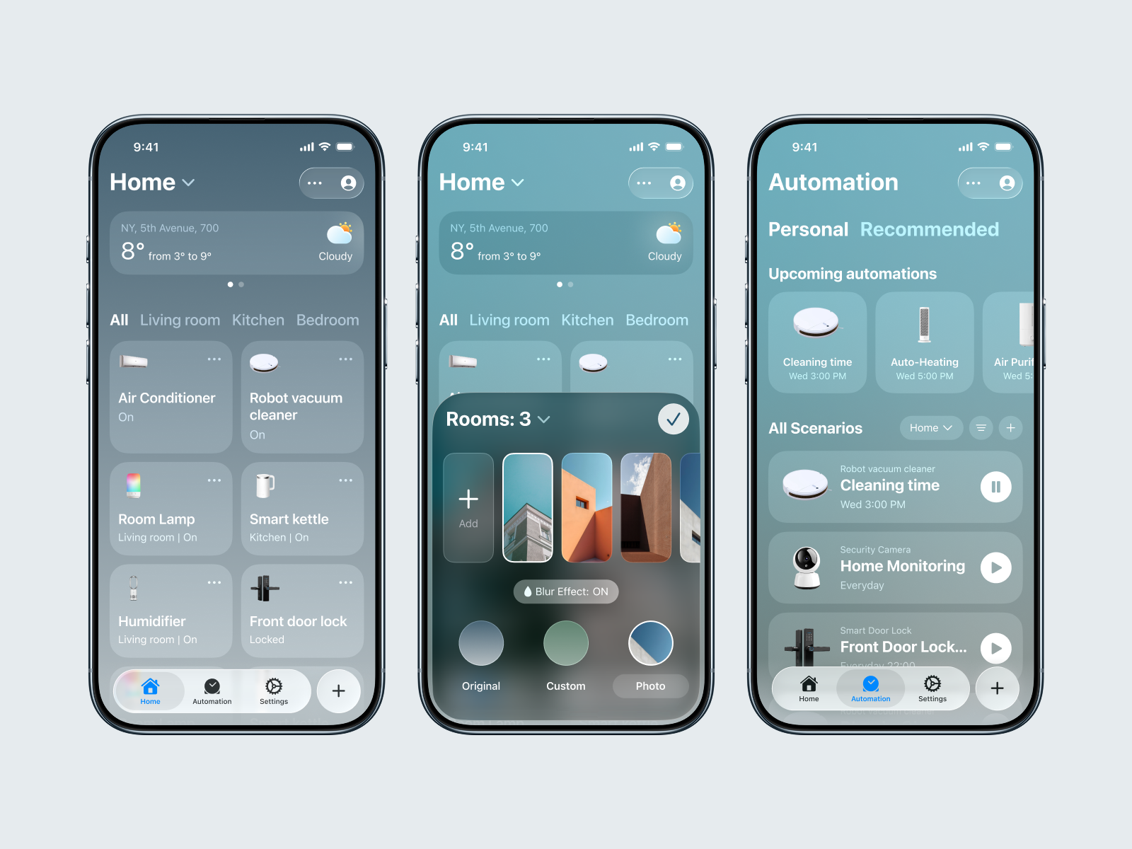 Smart Home Controller · Interface · Mobile App app automation background blur conditioner control customize device glass home ios26 key lock manage mobile room smart ui ux widget