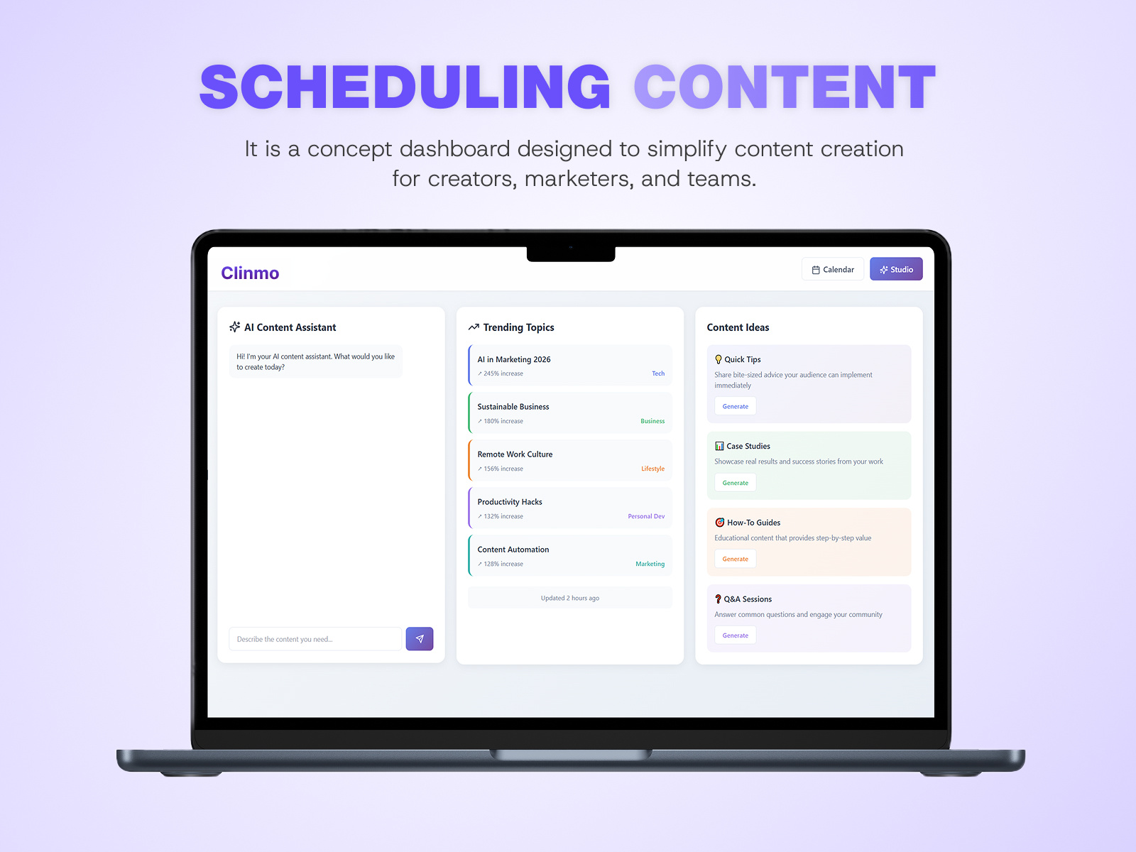 Clinmo – content planning dashboard branding ensuesoft graphic design landingpage latest logo new ui vector