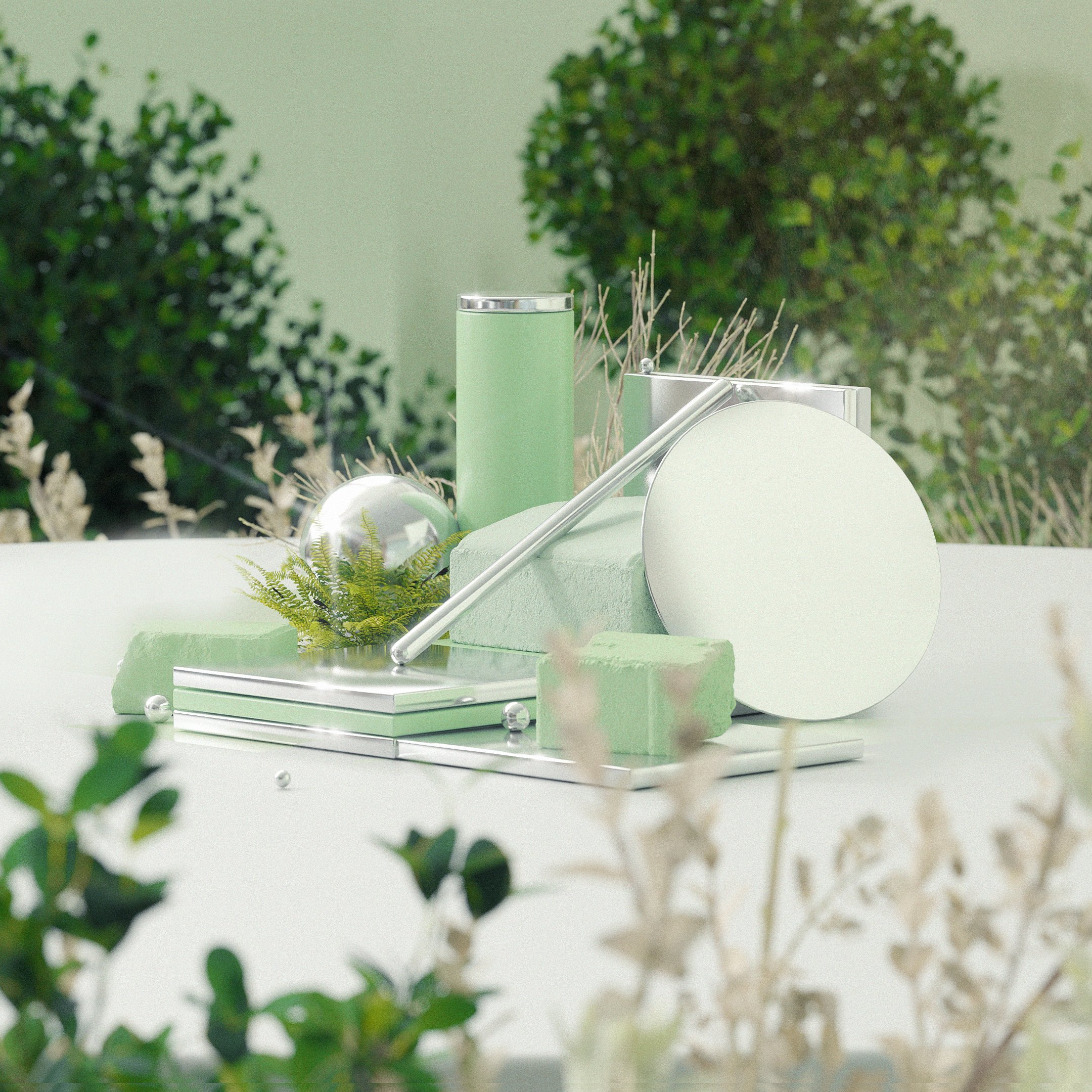 Still life 02/13 3d abstract c4d chrome design digital art geometric illustration minimal nature plants product shot realism realistic reflection render set design stone