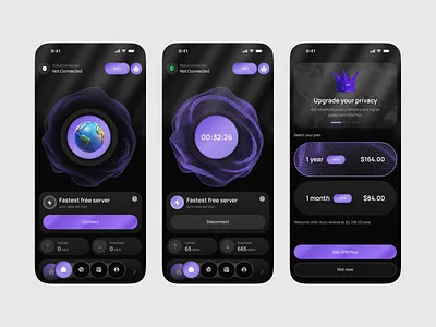VPN Connection Mobile Application UI Design app design cybersecurity dark theme graph minimal mobile app mobile app design mobile app ui mobile ui network security security vpn app vpn concept