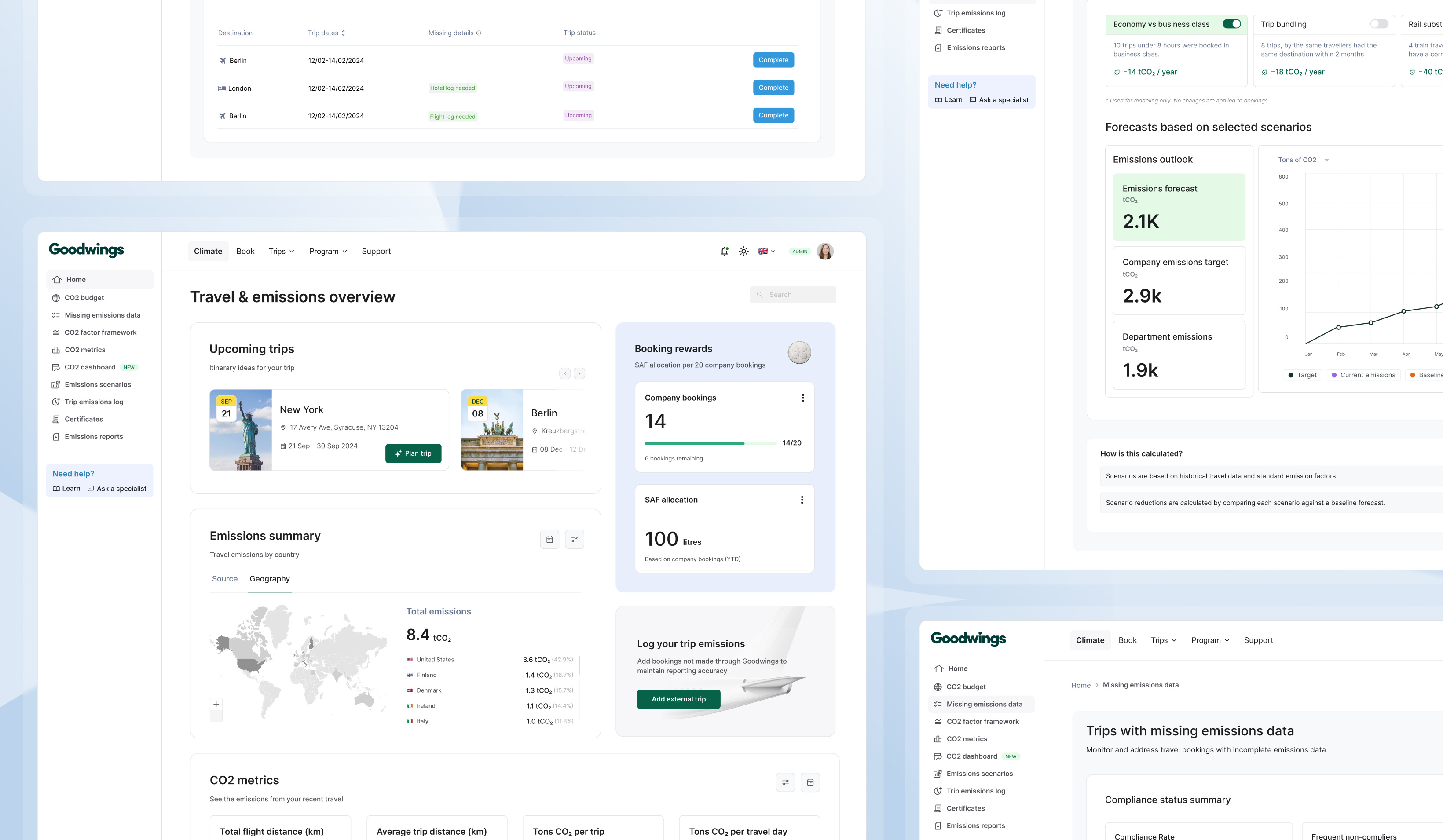 Goodwings product — Climate & emissions b2b saas climate tech dashboard design data visualization design system emissions tracking enterprise software interaction design product design sustainability travel tech ui design ux design web app
