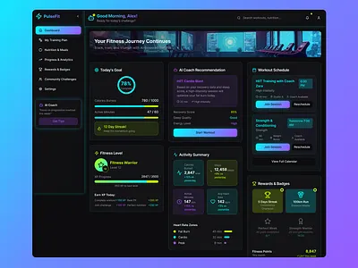 AI-powered fitness dashboard ai powered dashboard dark ui dashboard dashboard ui fitness ui interactive design product design responsive design ui desgn ui design ux design