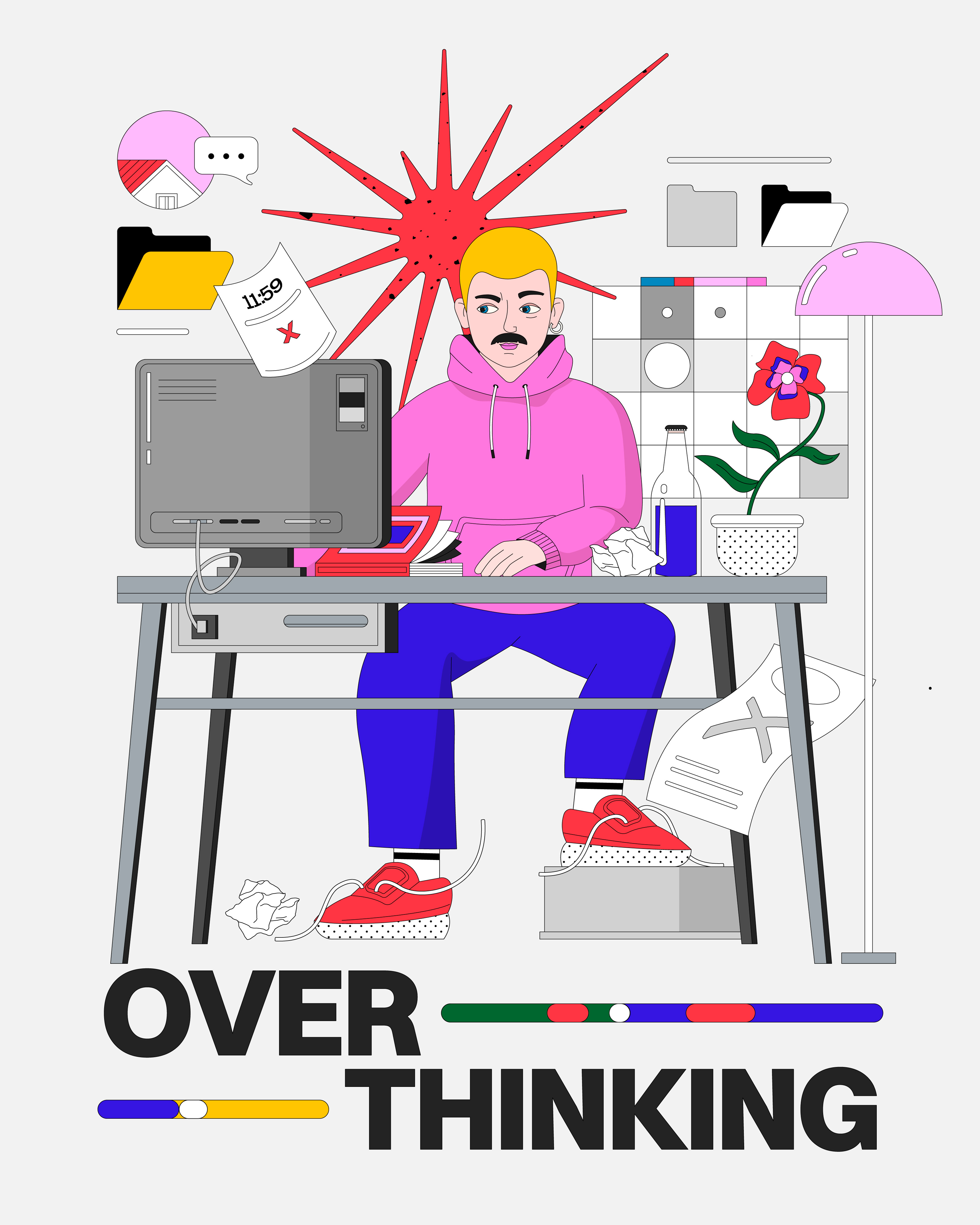 Overthinking 👁️💻💥 color palette colorful design grid illustration office overthink overthinker poster poster design remote symbols vector vector art vectorart work from home