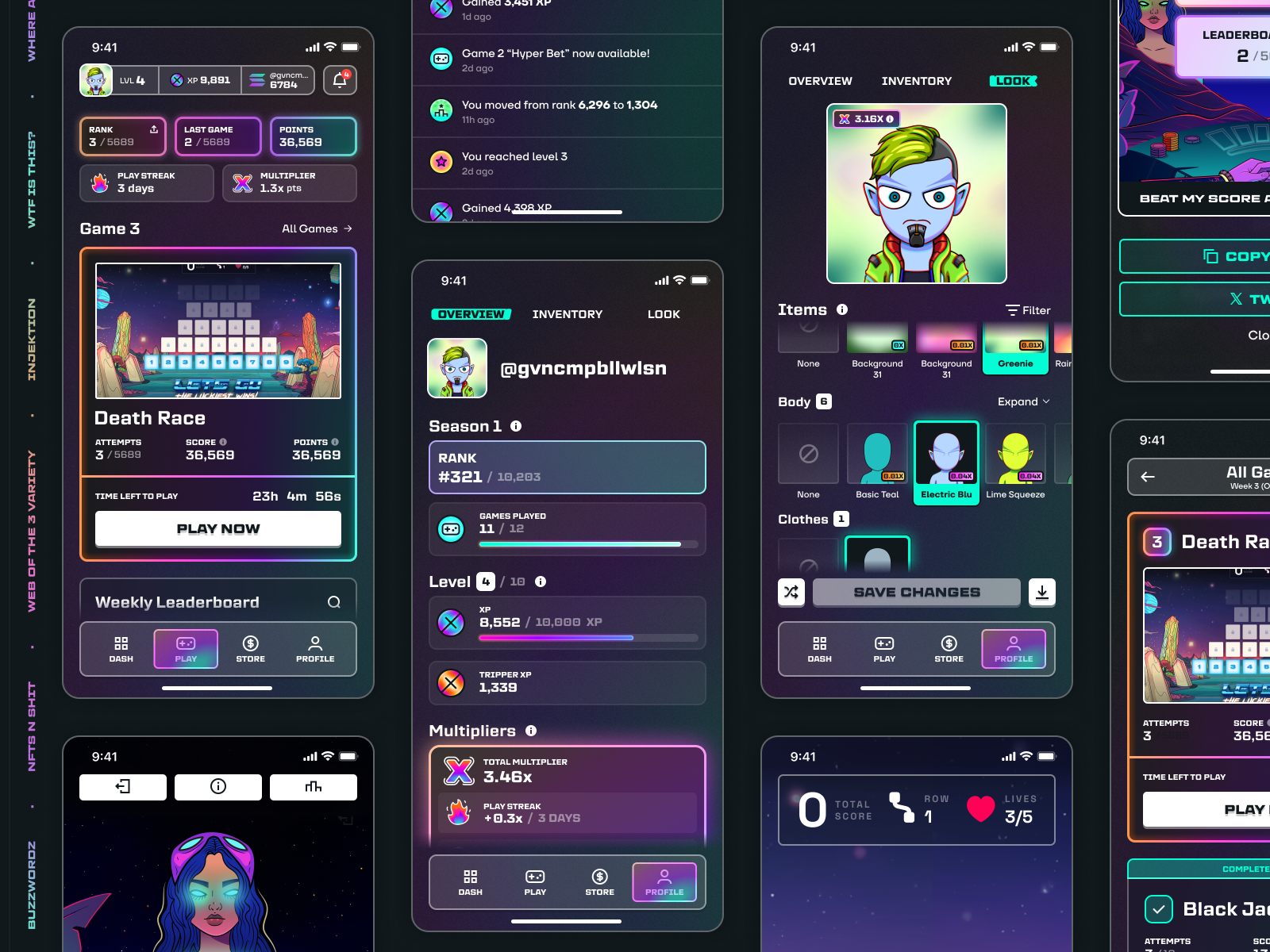 Mobile views for an Web3 NFT game.