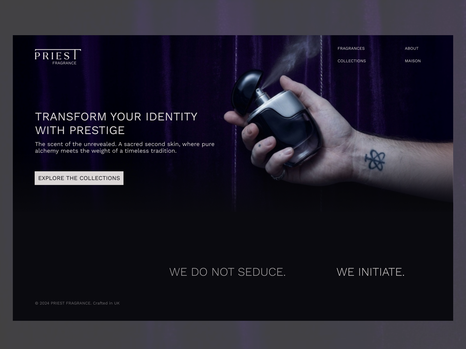 PRIEST — Conceptual Fragrance Brand Landing artdirection branding conceptdesign darkdesign fashionbranding landingpage luxurydesign perfume ui uiux visualidentity webdesign