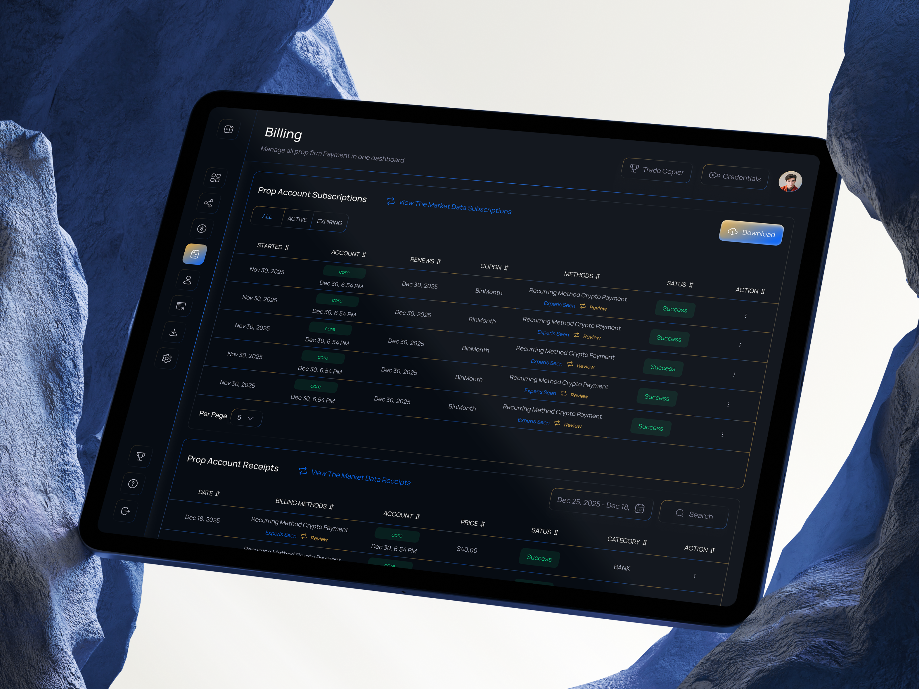 Account Billing & Subscriptions Flow blockchain crypto dashboard crypto ui dashboard design fintech redesign forex trading forex trading ui funding challenge investment app prop firm dashboard prop firm platform prop trading trading dashboard trading evaluation trading platform trading web app uiux web3 web3design webapp design
