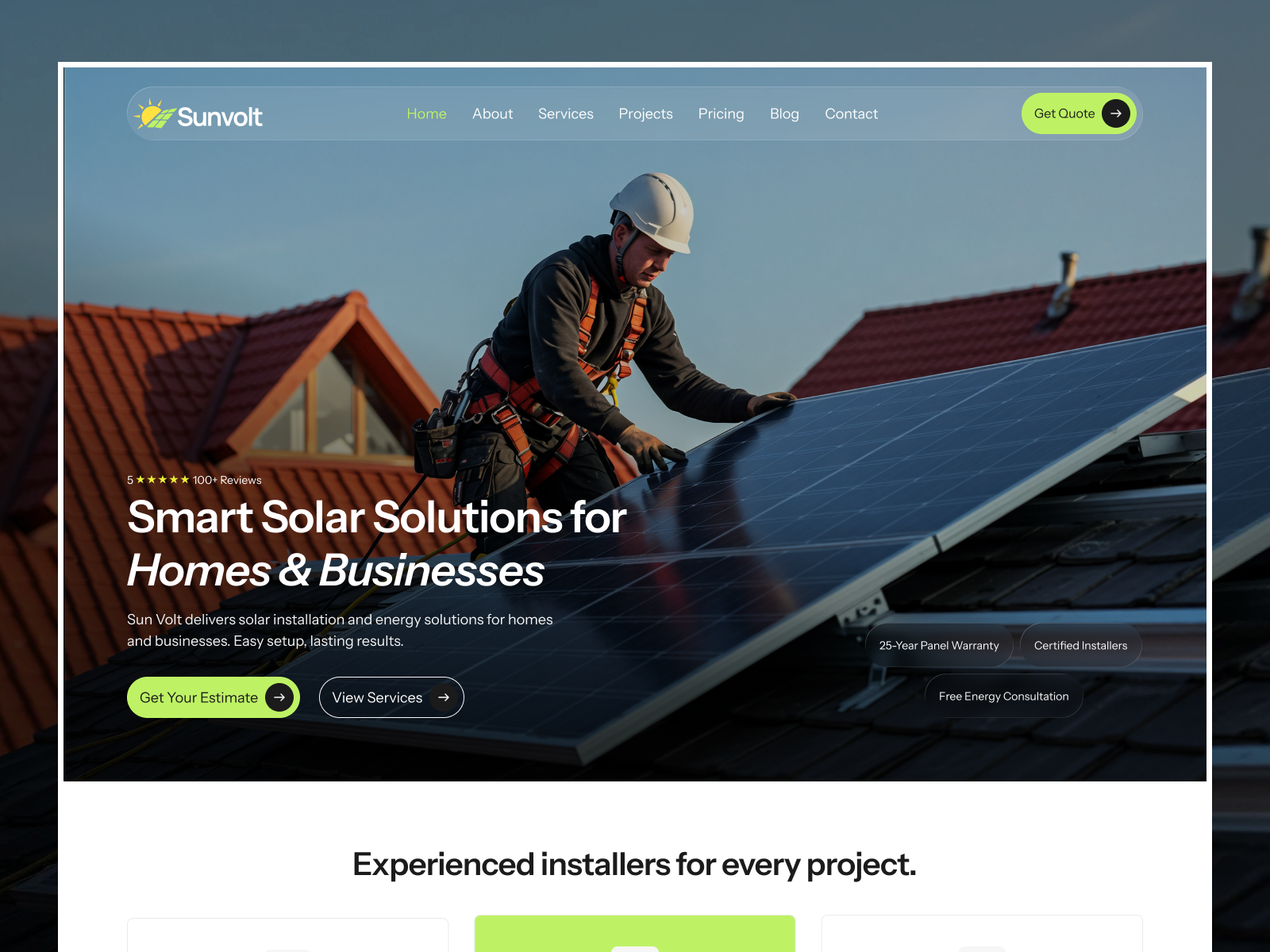 Smart Solar Solutions for Homes & Businesses clean energy elemenot website green energy hero section landing page minimal design minimal website modern website renewable energy responsive design solar energy solar installer solar website startup website ui design user friendly website ux design web design website ui wordpress website