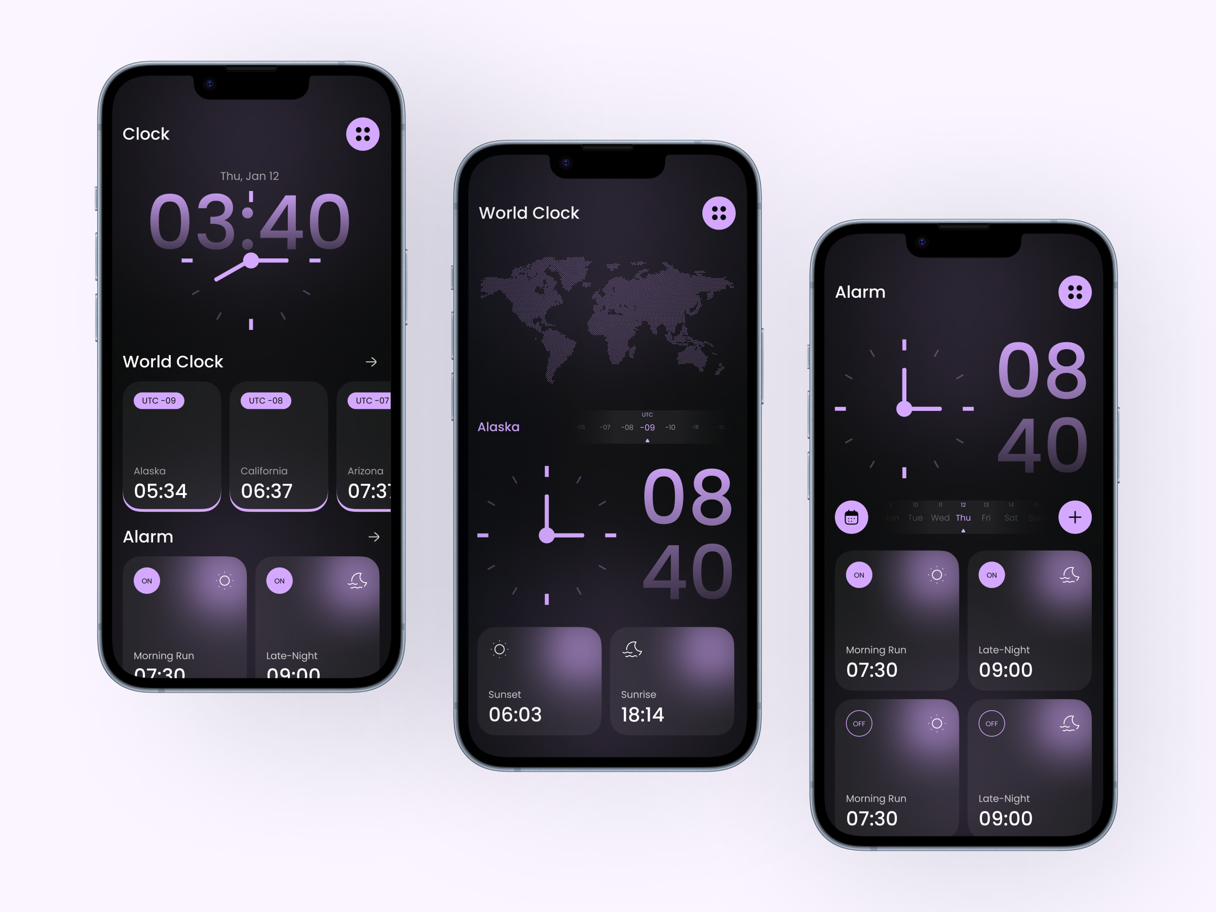 Clock, Alarm & Sunrise/Sunset UI Concept alarm ui android design clock app dailyui dark mode dark ui design inspiration glassmorphism ios design minimal design mobile ui neumorphism product design time design timezone ui ui design ux design world clock