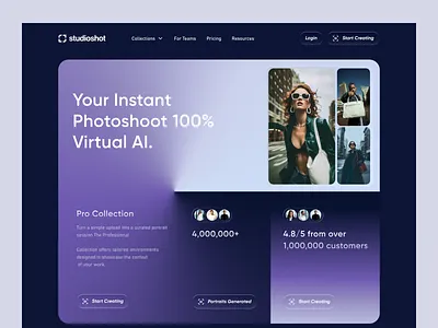 AI Photography Website Design - Studiohot 100 virtual ai 3d ai ai image ai image generator ai nft ai photo generator ai photography ai photography website design ai retouching ai service page ai tool for creators 2030 ai website artificial inelligence image ai landing page design studio quality ai text to image web app website