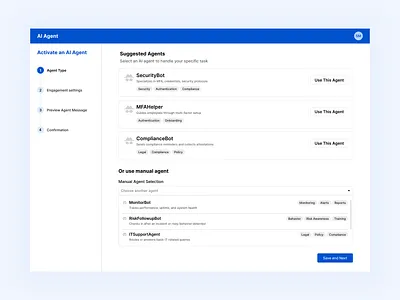 Agent Activation - Wizard agent ai agent cybersecurity data privacy risk indirect prompt injection privilege escalation prompt leak risk center security sla enforcement soc ux design.