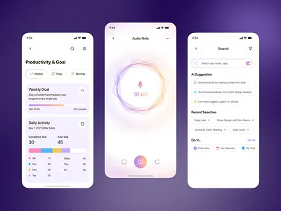 Refleq — Audio Note, Search & inners Mobile App UI UX Design app ui app ux audio notes app clean ui minimal ui mobile app design mobile ui ux modern app note taking app notes app notification ui panze panzestudio productivity app productivity ui search ui task management app task manager ui ui ux design workflow app
